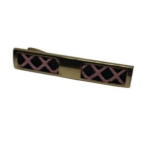 Vintage Anson Tie Clip Gold Tone Black Back Pink X Hash Marks Mid Century Modern